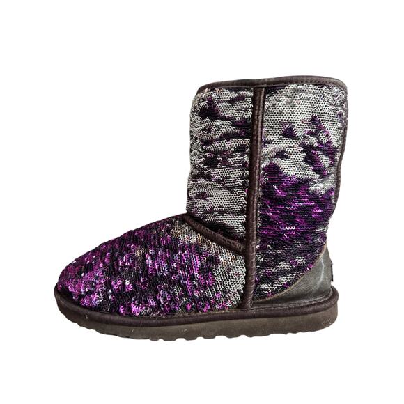 UGG Classic Short Purple Silver Sparkle Flip Sequin Boots Sherling Sherpa 6 - Picture 10 of 11